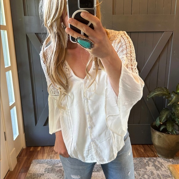 New Boho White Lace Festival Button Front Blouse Top Shirt Western Casual Work - Picture 4 of 9